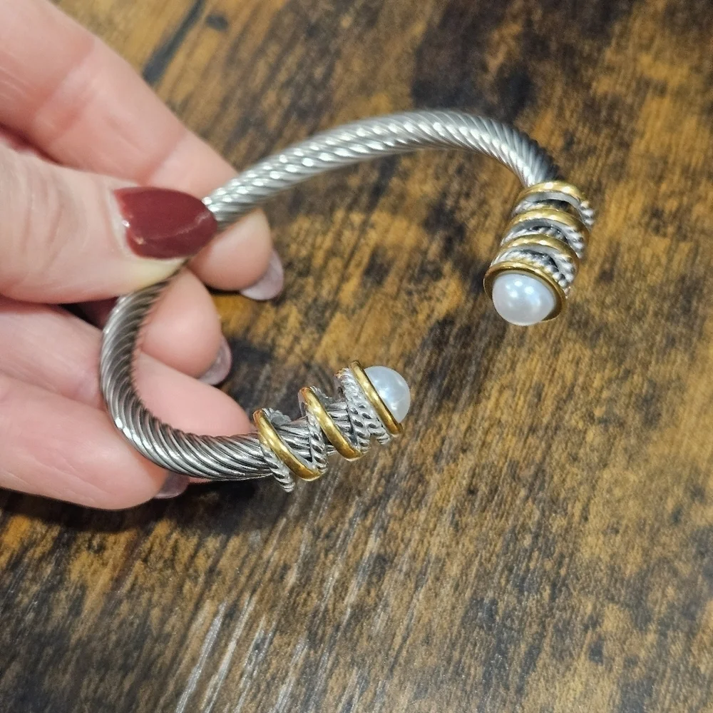 NEW 2-Tone Stainless Steel Cable Bracelet with Pearl Detail
